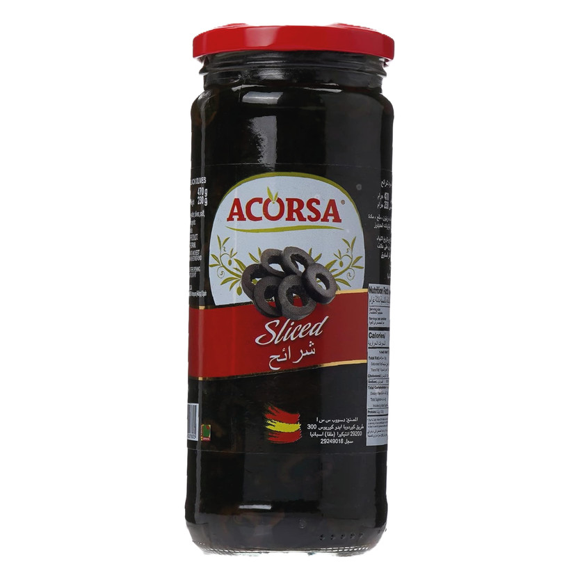 21177-حبة ACORSA SLICED BLACK OLIVE 470 G - Image 1